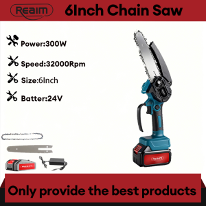 REAIM 6 inch Brushless Cordless Electric Mini Chainsaw Wood Cutting Portable Rechargeable Handheld SawHandheld Garden Tool