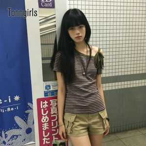 Tonngirls Korean Style Striped T-shirt Women Short Sleeve Lace Up Irreagual Tee Tops Streetwear Y2k Vintage Grunge Tops Japanese2026