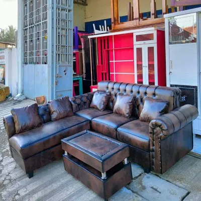 SOFA L KANCING BAHAN KULIT/KALEP/SOFA RUANG TAMU