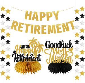 Happy Retirement Party Decorations for Men Women 4Pcs Happy Retirement Gold Glitter Banner Black Gold Retired Hanging Sign Party Supplies Retired Farewell Party Table Centerpieces Kit