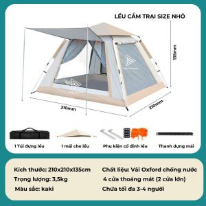 Lều Cắm Trại Lều Dã Ngoại Tự Bung Gia Đình 4-6 Người - Lều Câu Cá Bãi Biển Hai Lớp Vải Chống Tia UV Không Gian Lớn Thoáng Có Mái Che