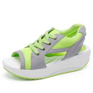 【Free Shipping】Large size summer sandals with rocking soles and laces for women high-quality thick-soled platform shoes in purple green blue and black
