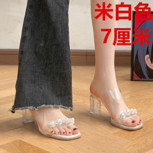 [Free Shipping] Womens High Heels 2025 Summer New Transparent Mid-Heel Fashion Versatile Sandals Chunky Heel Rhinestone Slippers for Outdoor Wear
