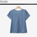 ZANZEA Women Fashion Crew Neck Shirt Button Up Raglan Sleeve Pleated Solid Color Top #0616. 