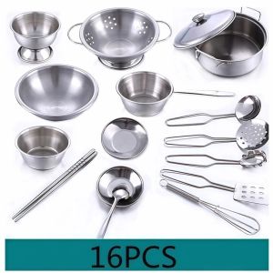 16PCS Children Stainless Steel Pretend Play Food Kitchen Cookware Set Toy Mini Cooking Game Kitchen Toy