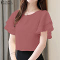 ZANZEA Korean Style Women's Blouse Ruffle Short Sleeve Double Layer O-Neck Solid Top Pullover #10. 