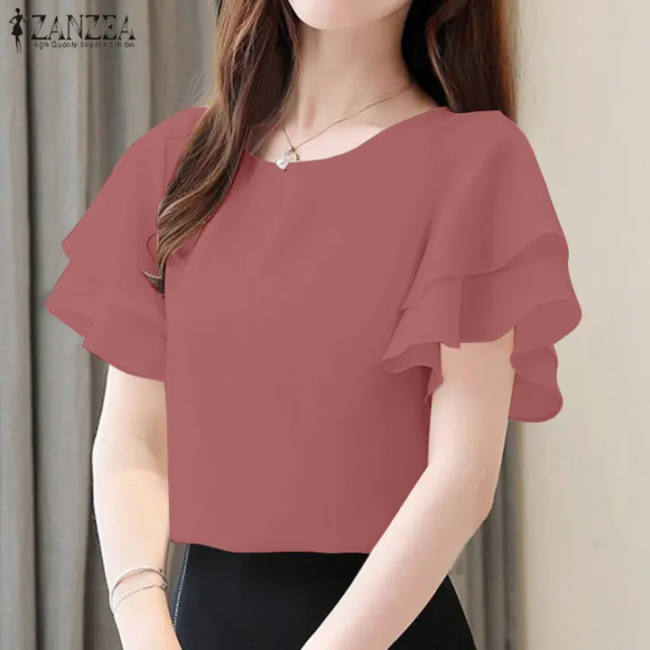 ZANZEA%20Korean%20Style%20Women's%20Blouse%20Ruffle%20Short%20Sleeve%20Double%20Layer%20O-Neck%20Solid%20Top%20Pullover%20#10%20-%20Image%205