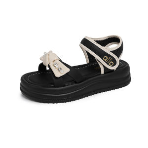 [Free Shipping] Thick-Soled Mid-Heel Bow-Tie Pearl-Embellished Sandals For Women Perfect For Outdoor Wear 2026 Summer New Collection Fashionable And Casual Height-Enhancing Sandals