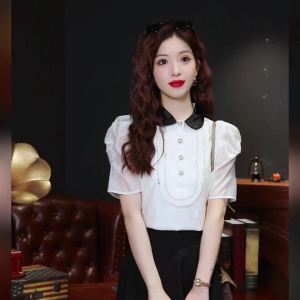 Ammin 2024 mùa hè đơn giản ve áo diềm đăng ten ngắn tay ngọt ngào áo cánh vải voan phụ nữ phong cách Hàn Quốc xù Áo Blouse thanh lịch tay áo bong bóng