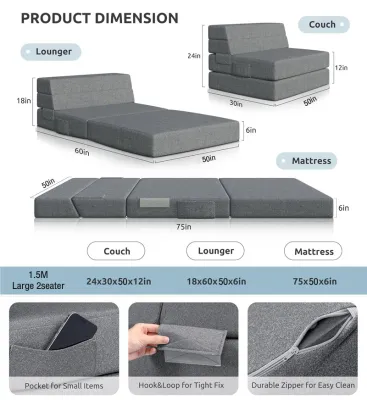 Zeen Folding Sofa Bed Convertible Sleeper Chair Fold Out Couch Memory Foam Floor Mattress Futon Couch Single/Queen Lazy Sofa for Living Room/Dorm/Guest Room/Home Office
