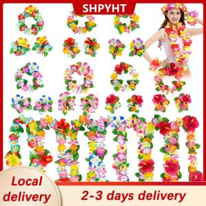 [COD] Ship within 24 hours 4Pcs set Hawaiian Flower Leis Garland Necklace Wreath Petal Headband Bracelet Beach Party Decor Wedding Dressing Accessories