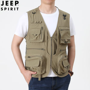 JEEP SPIRIT เสื้อแจ็กเก็ตเสื้อกั๊กของผู้ชายชุดแนวยุทธวิธีกลางแจ้งผ้าตาข่ายมีหลายกระเป๋าสำหรับตกปลา