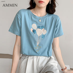 AMMIN short-sleeved T-shirt for women Korean style summer sequined balloon embroidery loose top all-match college style cotton t-shirt