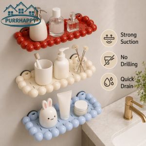 Purrhappy Cute Cloud Suction Cup Corner Shelf No Drill Drainage Wall Storage Organizer For Bathroom Kitchen