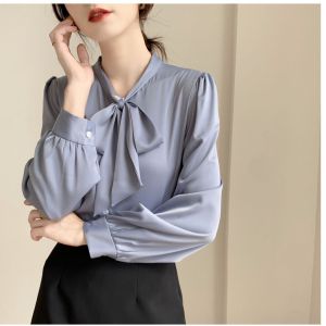 G7 Butterfly Knot White Shirt for Women Long Sleeve Spring Design Niche Foreign Trade Chiffon Blouse Professional Interview Formal Shirt 7/7