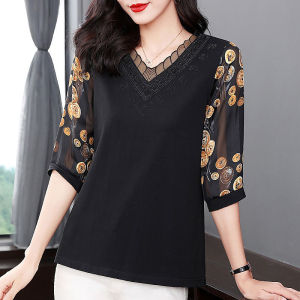 2025 New Hot Diamond Chiffon 3/4 Sleeve Retro T-shirt Female Large Size Fashion V-neck Casual Slim Shirts Top
