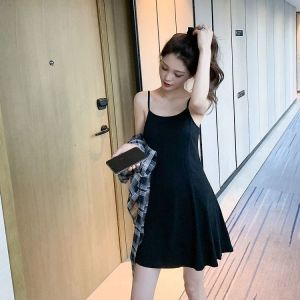 [100kg5XL胖女孩连衣裙] 黑色连衣裙女2021年夏季新款宽松显瘦性感迷人黑色内搭吊带小礼裙 fat dress bigsize ✜✚◎