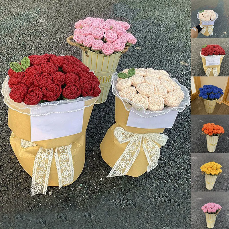 1pc Knitted Rose Flower Hand Knitting Crochet Fake Woven Flower Valentine's  Day Boyfriend Girlfriend Gifts Wedding Party Decoration