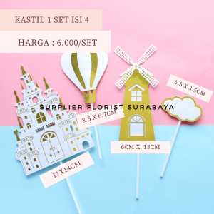 [1 SET ISI 4] TOPPER KUE KASTIL BALON UDARA HIASAN KUE TART BIRTHDAY CAKE DECORATION CASTLE HOT AIR BALLOON HOLLAND PRINCESS CAKE TOPPER CASTLE PRINCESS FROZEN ISTANA FERRIS WHEEL CLOUD AWAN