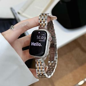 Applicable applewatch Watch Strap Slim Waist Five Bead Stainless Steel Metal Butterfly Clasp Strap Smart Watch Strap
