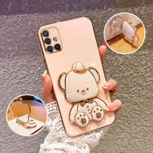 VRQR Luxury Electroplating Phone Case for Samsung Galaxy A31 A51 A71 4G M51 M31 Prime M30S Cute hat bear mirror bracket Silicone anti drop soft shell (The bracket can rotate)