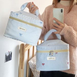 OMQAIO Stripe Zipper Cosmetic Bag Large Capacity Square Handheld Cosmetic Case Storage Bag Bow Pattern Toiletry Bag Girls