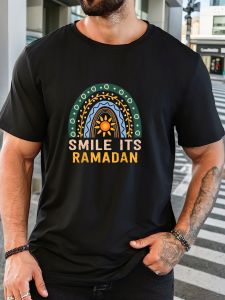 Mens Cotton Printed T-Shirt SMILE ITS RAMADAN Pattern Summer Casual Oversized Round Neck Short Sleeve Comfortable Daily Tee