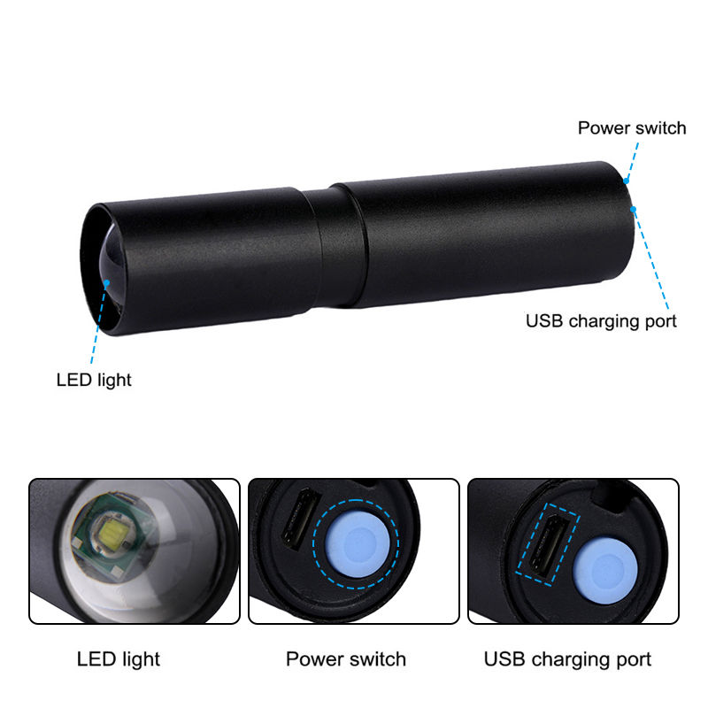 Mini lampe torche de randonnée/pêche d'extérieur avec zoom, rechargeable par USB et étanche, à LED pour une utilisation nocturne._voghion.com