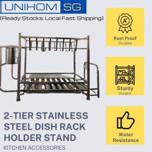 UnihomSG [ReadyStock] 2-Tier Stainless Steel Dish Rack Holder Stand | Kitchen Storage Washer Crockery Dish Rack Dryer