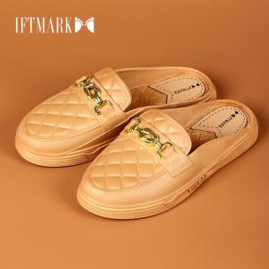 IFTMARK รองเท้าสวมสบาย สไตล์หรูหรา ลายตาราง พร้อมดีเทลโซ่สีทอง มีหลายสีให้เลือก