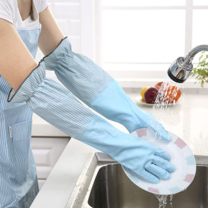 HOL Japanese Durable Long Sleeved Rubber Gloves Waterproof Oil-resistant Thickened Dishwashing Hand Gloves for Women Long Sleeve Multi-use Washing Clothes Kitchen Dishwashing Housework Cleaning Tools Household Protect Gloves