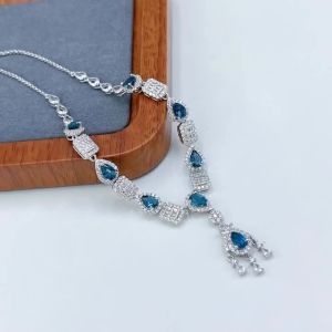 4*6mm London Blue Topaz Drop Necklace 925 Sterling Silver White Gold Plated Cubic Zirconia Inlay Statement Jewelry