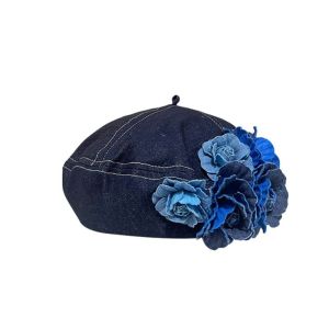 SIQIN Y2K Denim Camellia Beret Hat Flower Artistic Camellia Beret Elegance Artist Hat Denim Beret Lady
