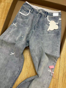 Màu Xanh Cao Đường Phố ren ngọt ngào Thiết Kế Quần Jean Cho Phụ Nữ mùa thu cạp cao Giảm Béo phong cách nữ thường ngày dáng suông quần dài