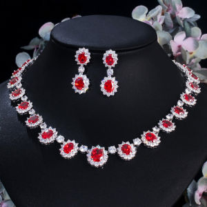 SEQUITO Elegant Bridal Dress Accessories Engagement Party Jewelry Set Pave Ruby Red AAA CZ Flower Choker Necklace Earrings for Brides SJ216