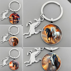 Hmeme Động vật chạy ngựa Keychain tinh tế steed mô hình thủy tinh Cabochon Keychain của nam giới quyến rũ Keyring Quà Tặng