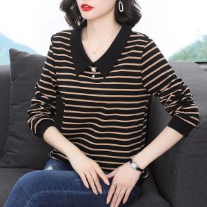 M-5XL 100KG Can Wear Plus Size Korean New Spring and Autumn Stripe Polo Shirt Women Long Sleeve t Shirts Loose V Neck Bottoming Stand Collar Tees Women Tops Foreign Flavour Shirt