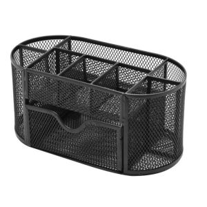 FOUNDTWO Iron Nine Storage Pen Holder Metal Mesh Black Stationery Organizer Multifunctional with Drawer Pencil Holder for Office