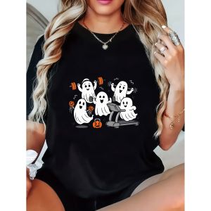 WomenS Halloween Graphic T Shirt Short Sleeve Crew Neck Soft Cotton Casual Fit With Pumpkin And Ghosts Design Perfect For Summer And Fall Celebrations Halloween Daily Wear Party Outfit For Women