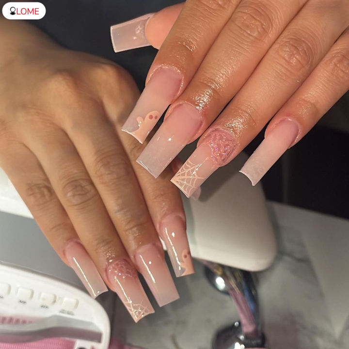 24Pcs Medium Length Nude Acrylic Fake Nail Gold Sequins Glossy Nails Design Acrylic  Nails Full Cover Stick on Nails for Women a
