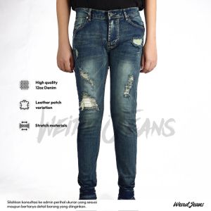 Weird Jeans - Byonic Blue - Celana Jeans Denim Panjang Pria Skinny Fit Strech Melar Ripped Leather Warna Biru Gelap