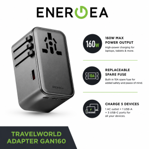 ENERGEA TravelWorld Adapter GaN160 160W Universal Travel Adapter GaN Fast Charger 1 USB-A 3 USB-C Worldwide Plug