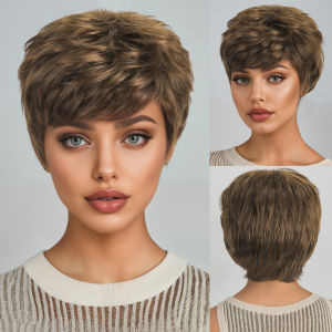 AliExpress European and American fashion women short curly hair brown micro curly bangs whole wig headgear cross-border foreign trade wig