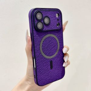 Luxury Leather Bark Texture TPU Soft Magnetic Case For iPhone 18 17 16 15 14 13 Pro Max Plus For Magsafe Lens Glass Armor Cover