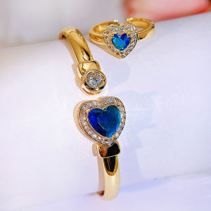 SEQUITO Elegant Brides Jewelry Set Golden Zircon Blue Green White Heart Adjustable Bangle Ring for Dancing SJ406