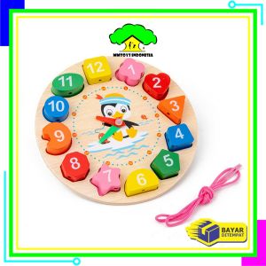 MI-M330 Mainan Edukasi Anak Puzzle Jam Kayu Motif Penguin Lucu / Puzzle Jam Dinding Mainan Kayu