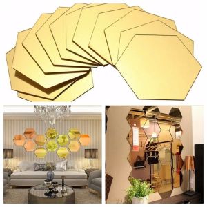 [Timmo House]12Pcs/Set 3D Hexagon Acrylic Mirror Wall Sticker Self Adhesive Mosaic Tiles Wall Sticker Removable Mirror Sticker Home Decor Art DIY Acrylic Wall Sticker Room Bedroom TV Backdrop Decals Decor