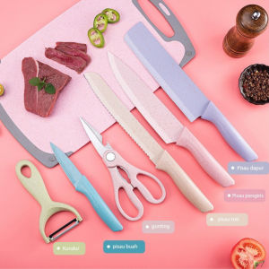 ( BISA COD ) PROMO PISAU DAPUR SET 6 IN 1 WARNA WARNI EVCRIERH DILAPISI ANTI LENGKET / PISAU SET JERAMI WARNA / PISAU SET DAPUR SERBAGUNA / KNIFE SET