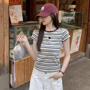 Korean Style Striped Fitted T-Shirt for Women Short Sleeve Casual Breathable Summer Top