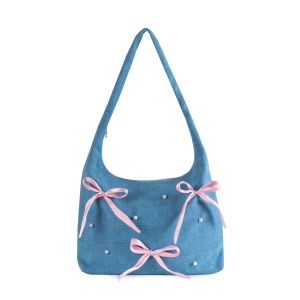 ITS MAGIA Lolly Light Denim Totebag Coquette Tas Kuliah Laptop Lucu Pita Ribbon Tote Bag